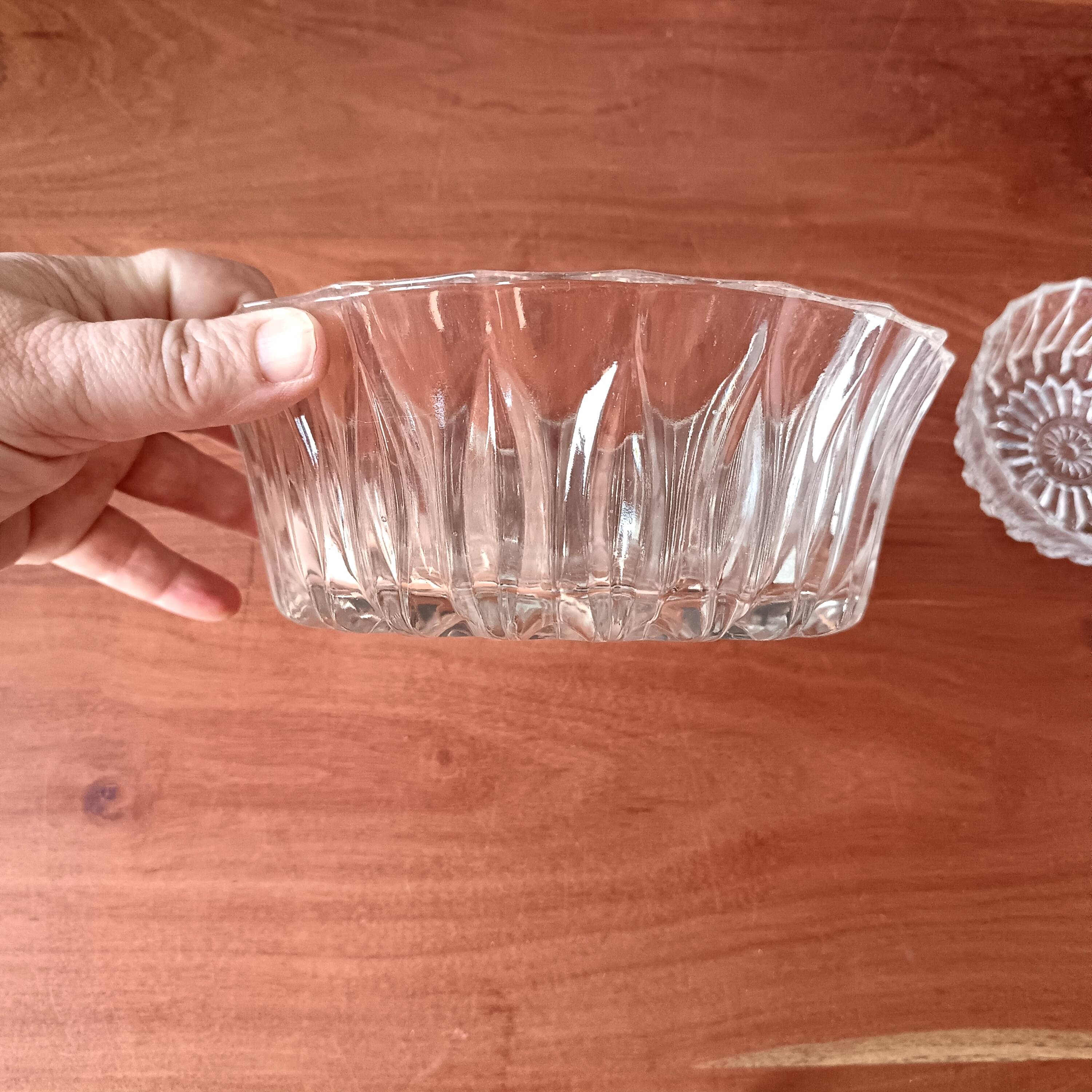 Vintage glass dessert service, bowls and serving dish.