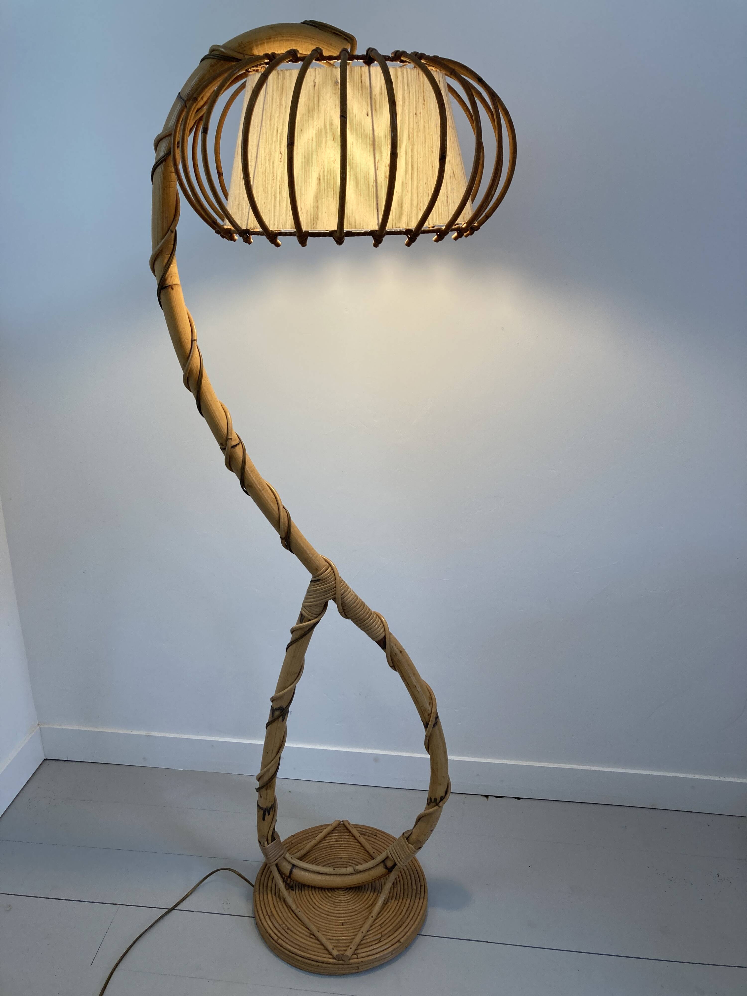 Louis Sognot vintage rattan floor lamp