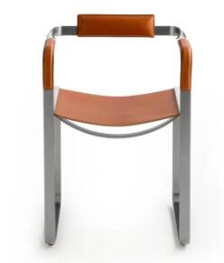 Armchair, aged silver steel and natural tobacco saddle leather.