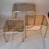3 vintage golden nesting tables with smoked glass.