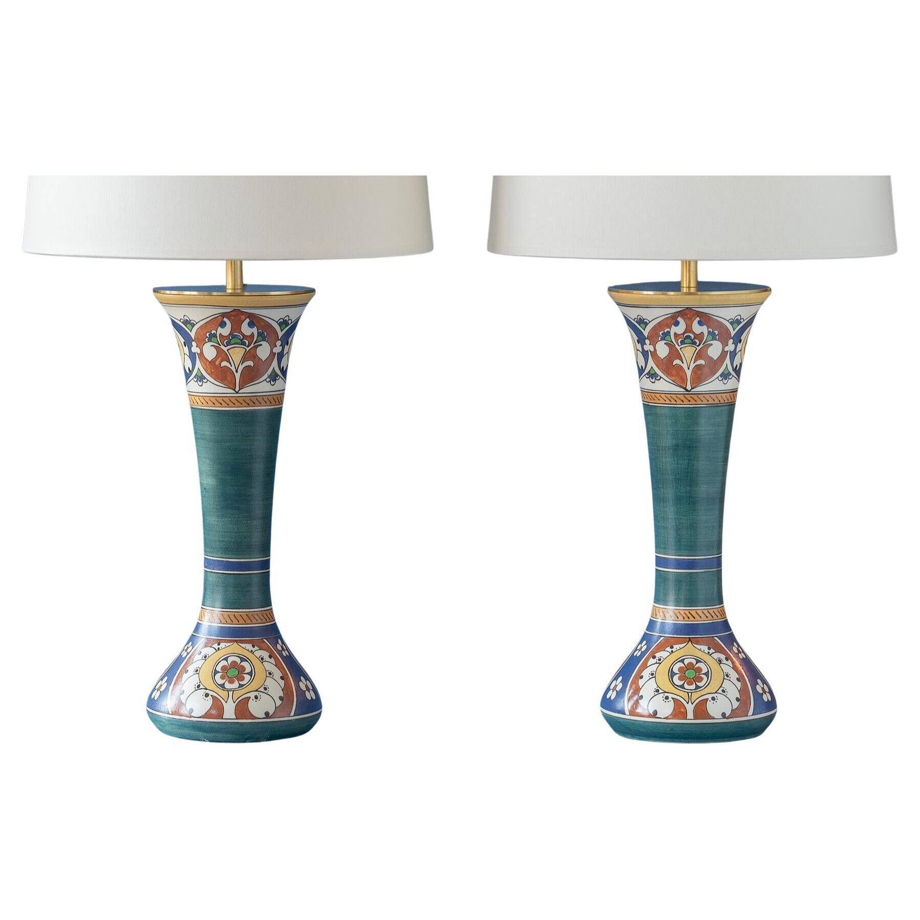 Pair of hand-painted ceramic table lamps in Dutch Art Nouveau–Art Deco style, 1910–1917.