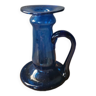 Handmade hand-blown BIOT style blue glass candle holder