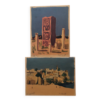 2 color lithographs Pierre TROFIMOFF 1967 RABAT Kasbah des Oudayas & La Tour Hassan MAROC, signed