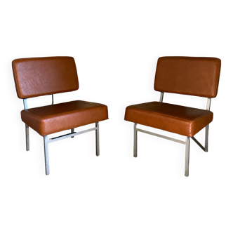 Pair of modernist low chairs in skai camel vintage 60s/70s