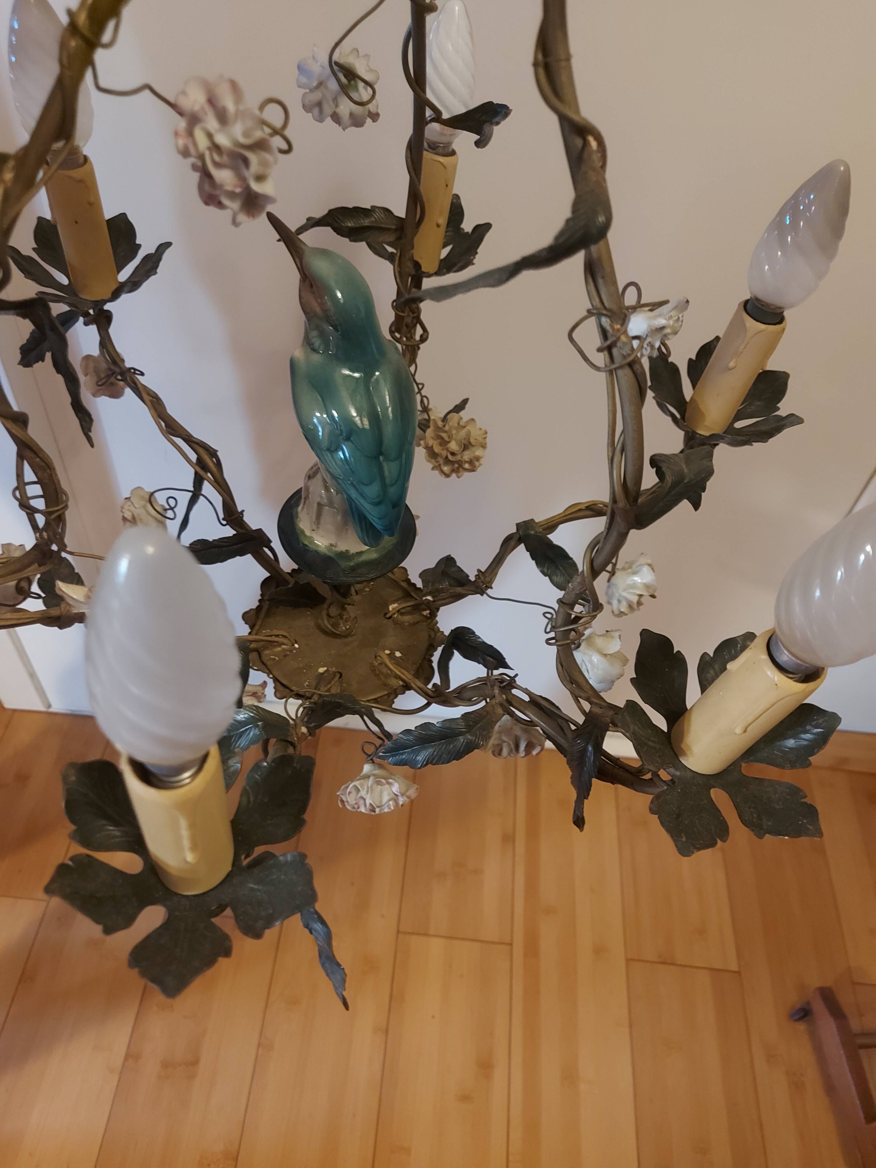 Chandelier cage décor birds and flowers in Meissen porcelain