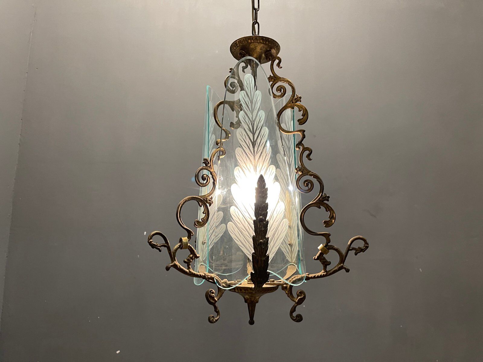 Italian art deco bronze and etched glass pendant lamp