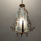 Italian art deco bronze and etched glass pendant lamp