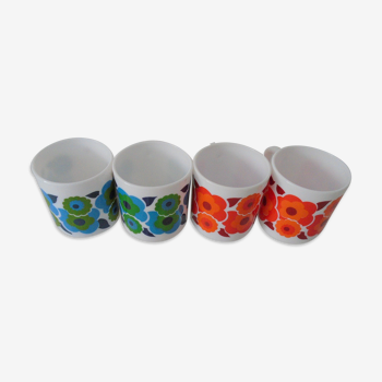 4 mugs lotus  fleurs rouge et bleue arcopal france vintage