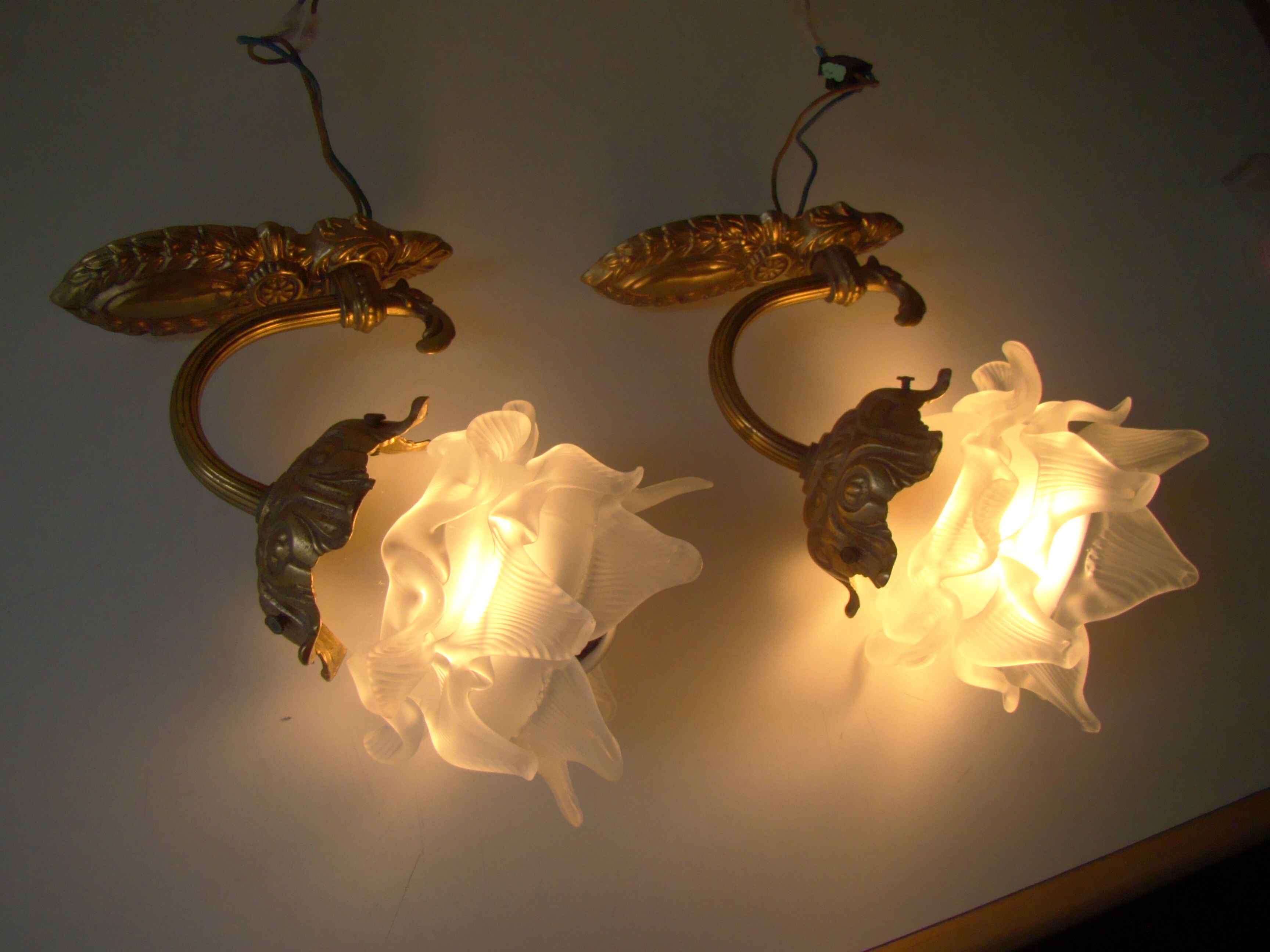 Pair of tanned sconces and glass paste