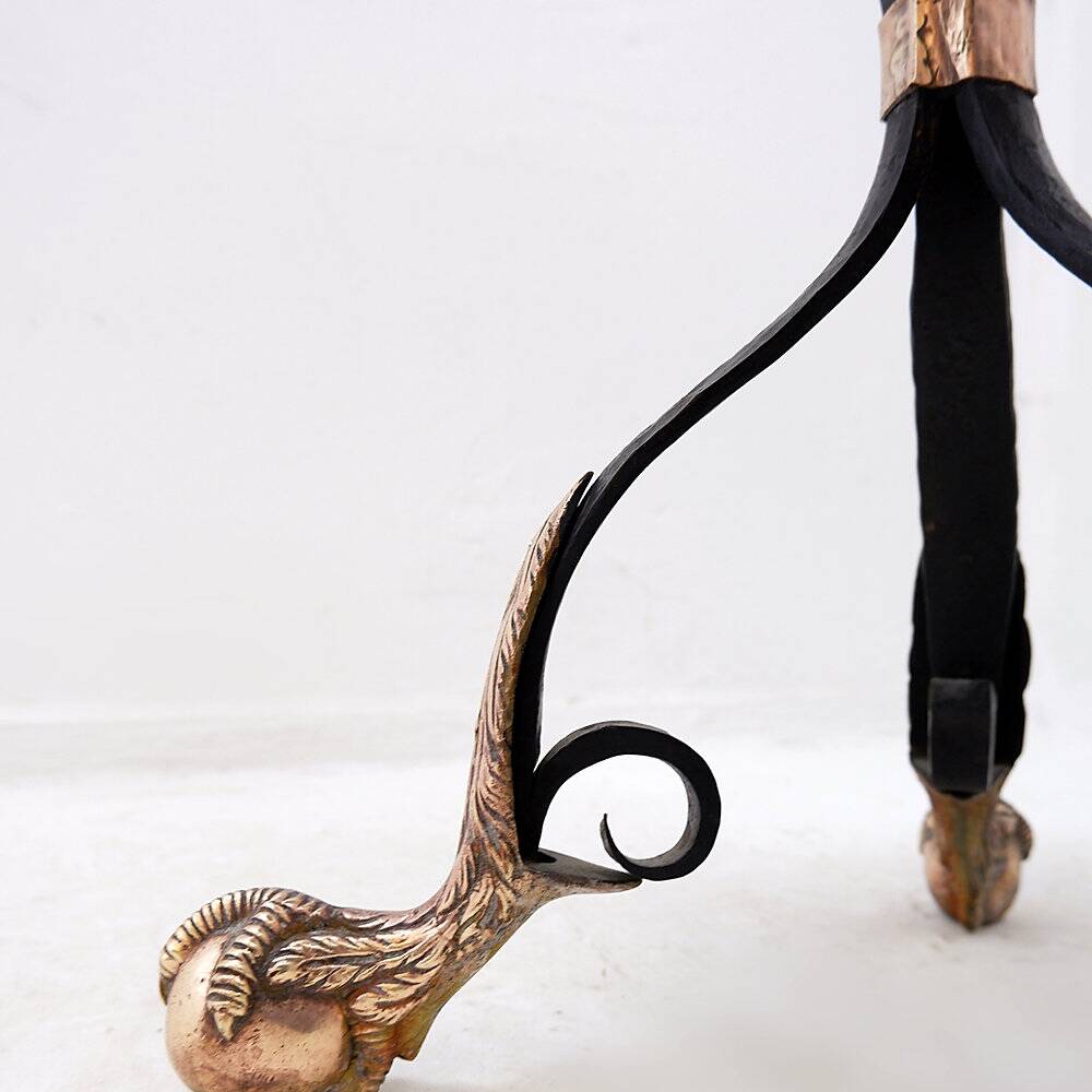 Tripod gueridon in wrought iron with brass decorations and alabaster top - 1950s