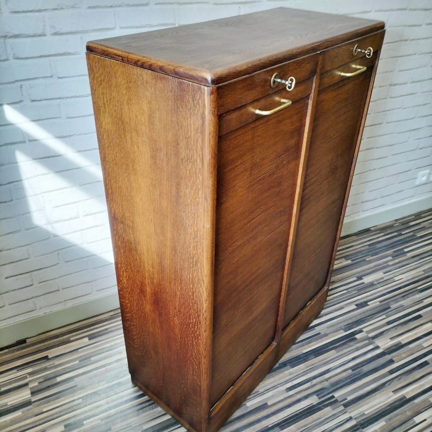 Renovated 1977 oak filing cabinet with double curtain