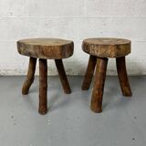 Pair of tripod stools in raw wood