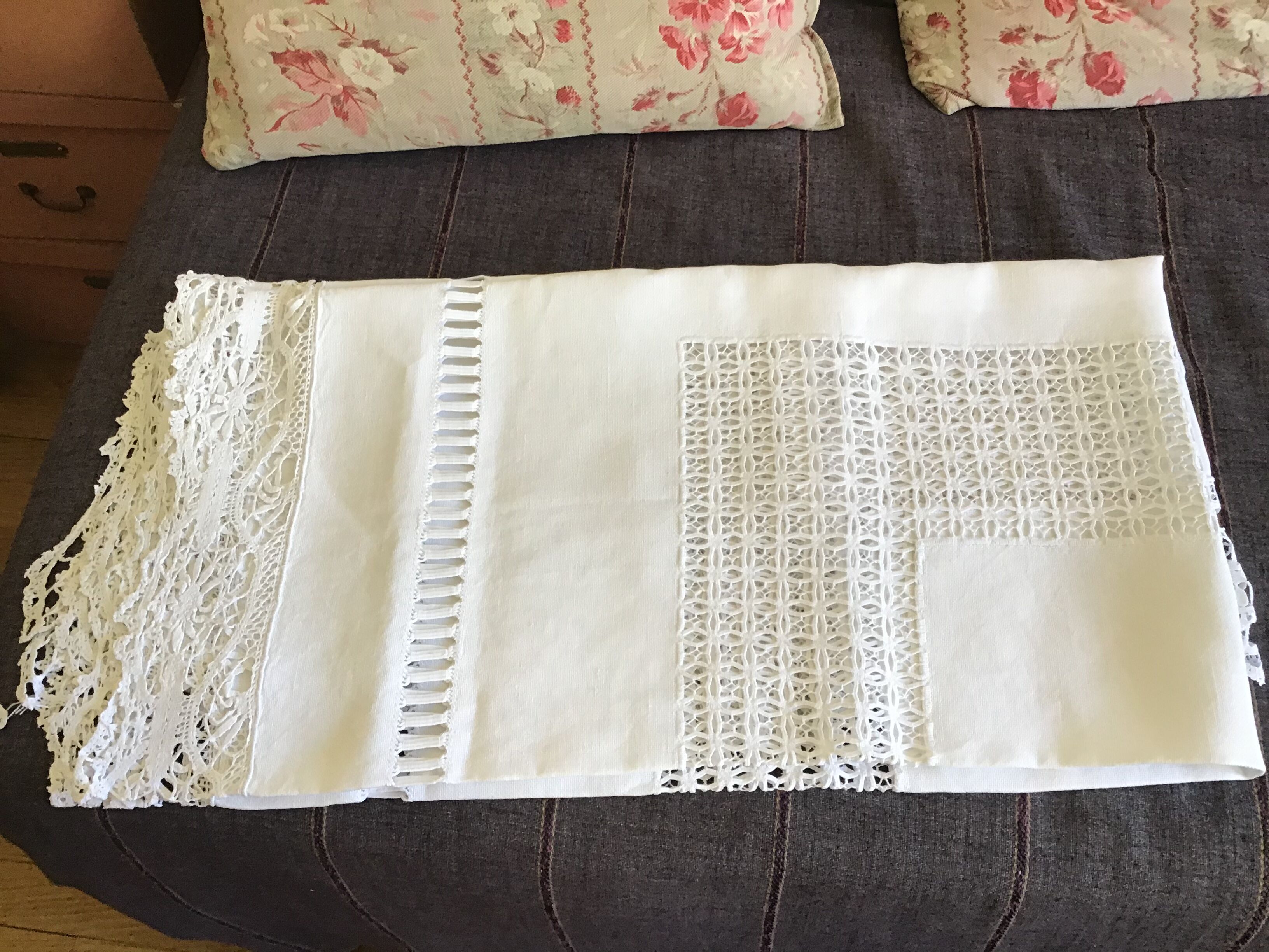 Embroidered white linen tablecloth, square