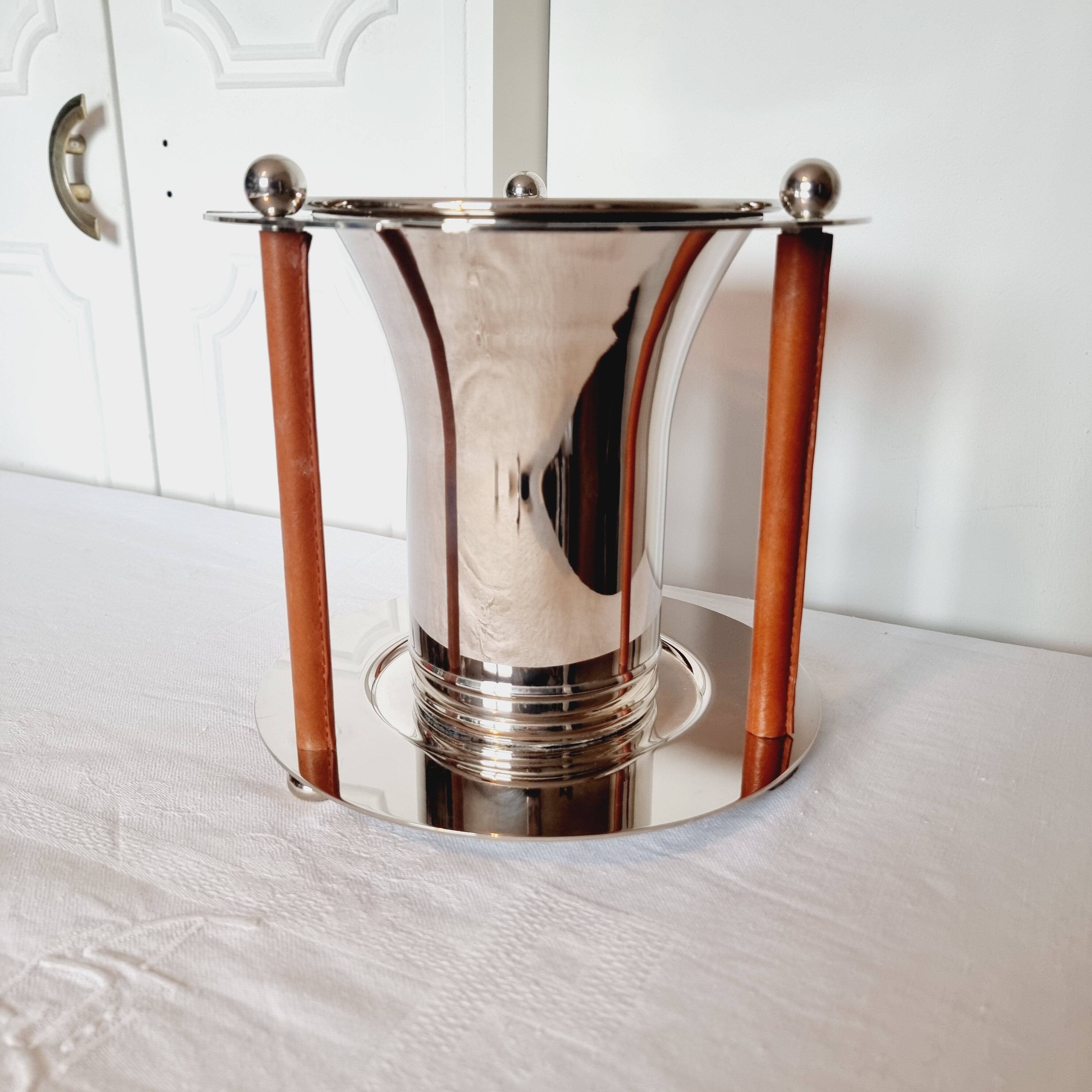 Magnifique Seau à Champagne pour 6 verres au Design Années 70 en Métal Argenté et Cuir.