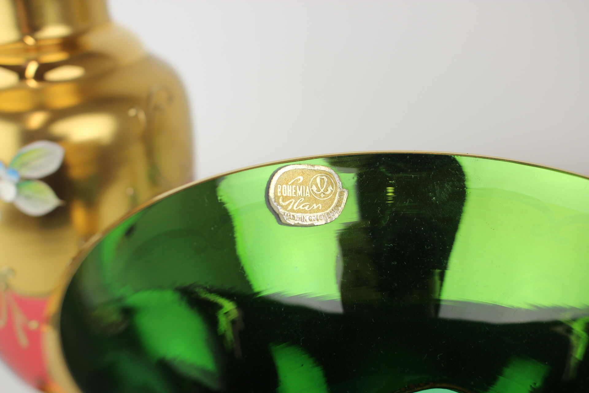 Bohemia glass vase, high enamel,gold,1950s, czechoslovakia