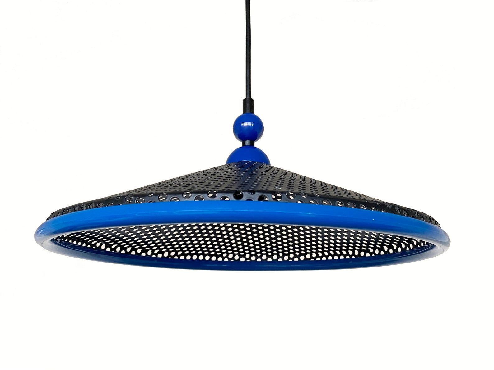 80s perforated metal hanging lamp - black & blue