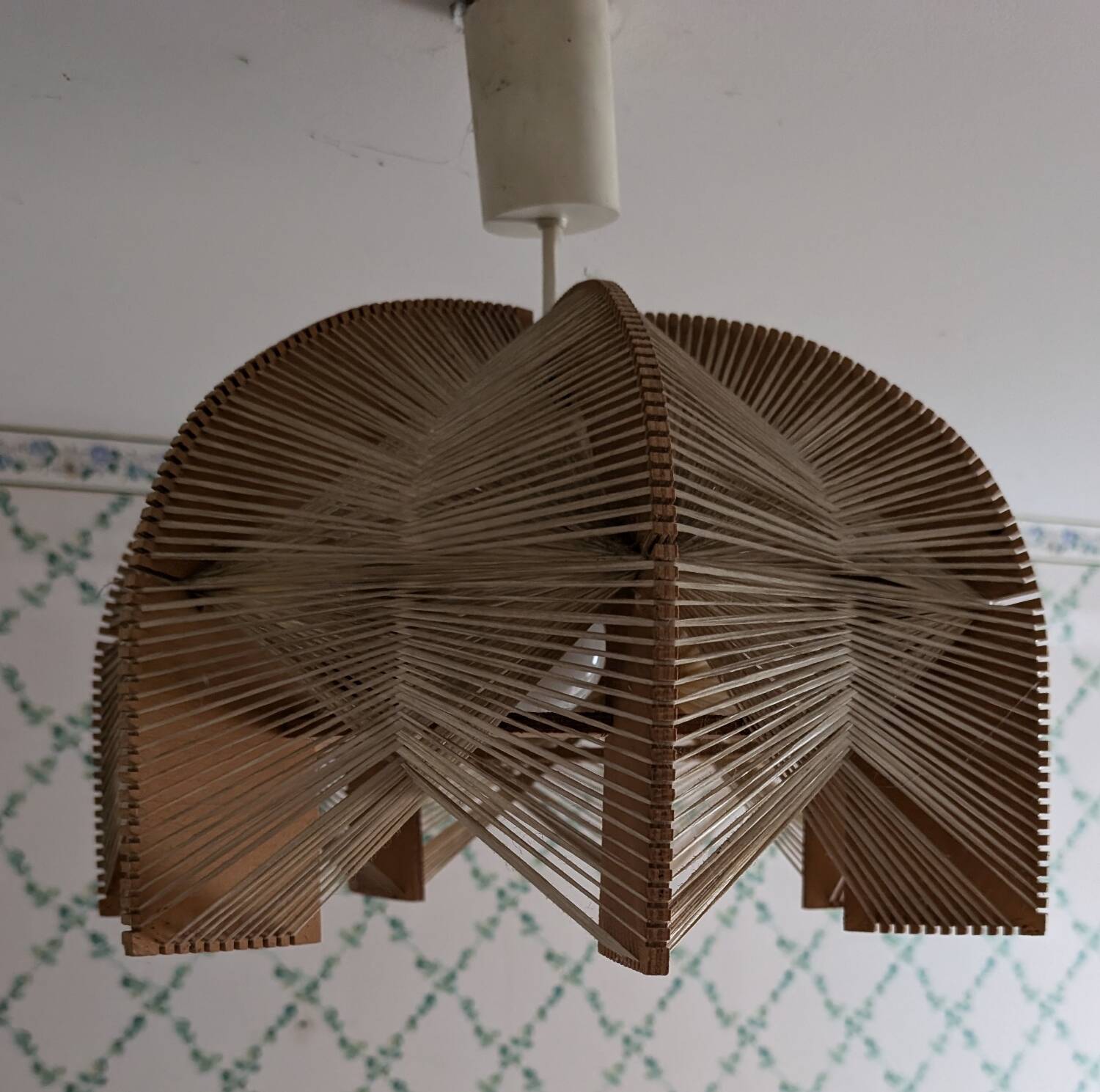 Vintage Scandinavian wood and raffia pendant chandelier