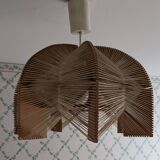 Vintage Scandinavian wood and raffia pendant chandelier
