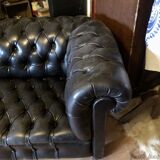 Canapé Chesterfield en cuir noir véritable 3 places