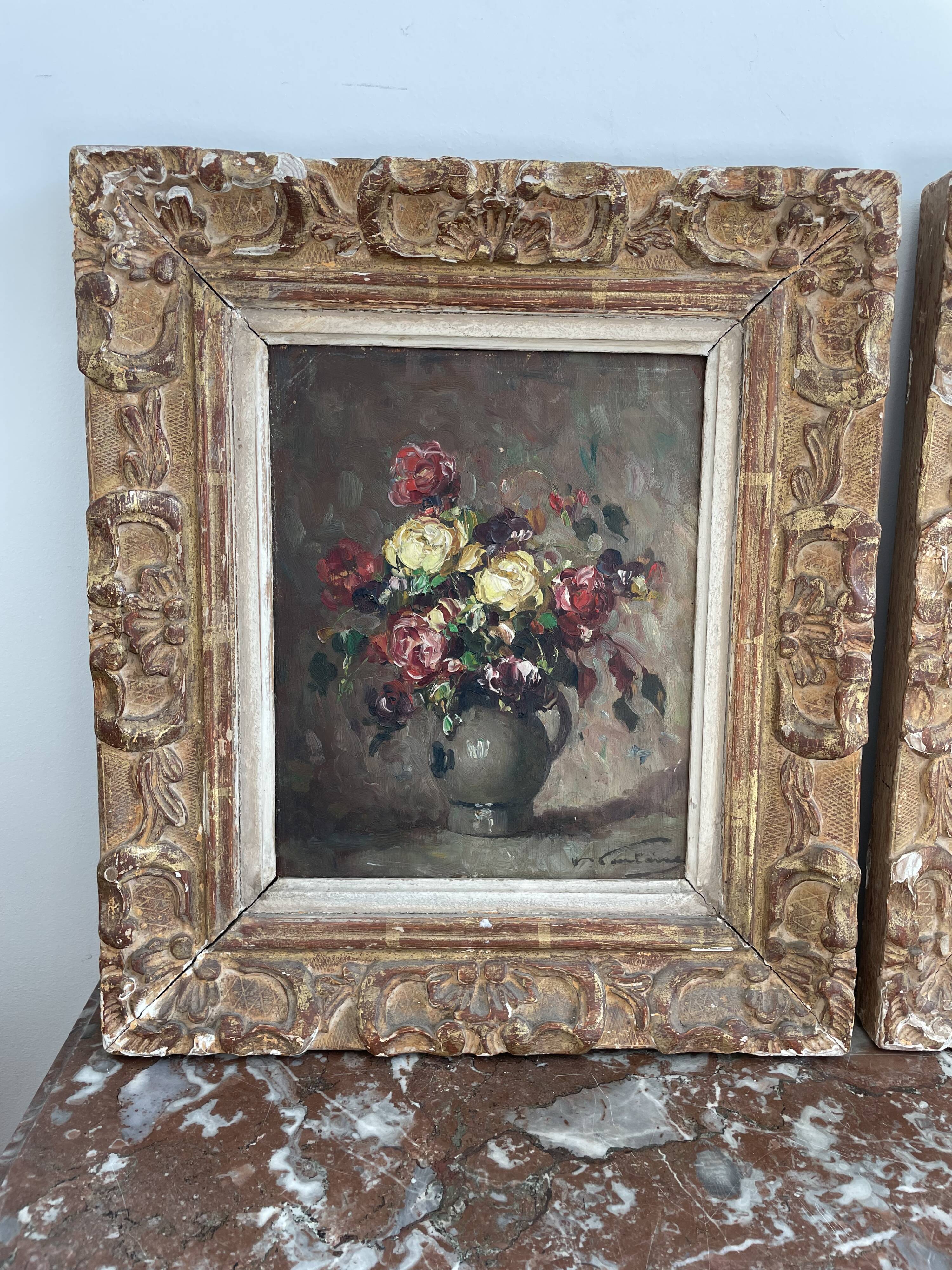Pair, oil painting, 19th century, still life with bouquet of flowers, wooden frames, signed
