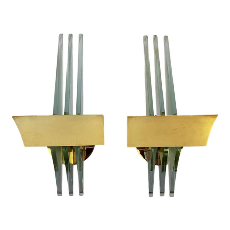 Pair of Hollywood Regency wall lights, bases & reflectors in gilded brass