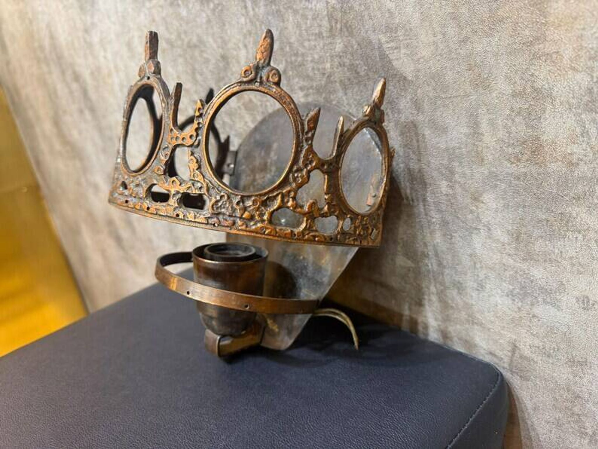 1970s Gothic Revival Crown Wall Sconce, Ornate Vintage Metal Lighting