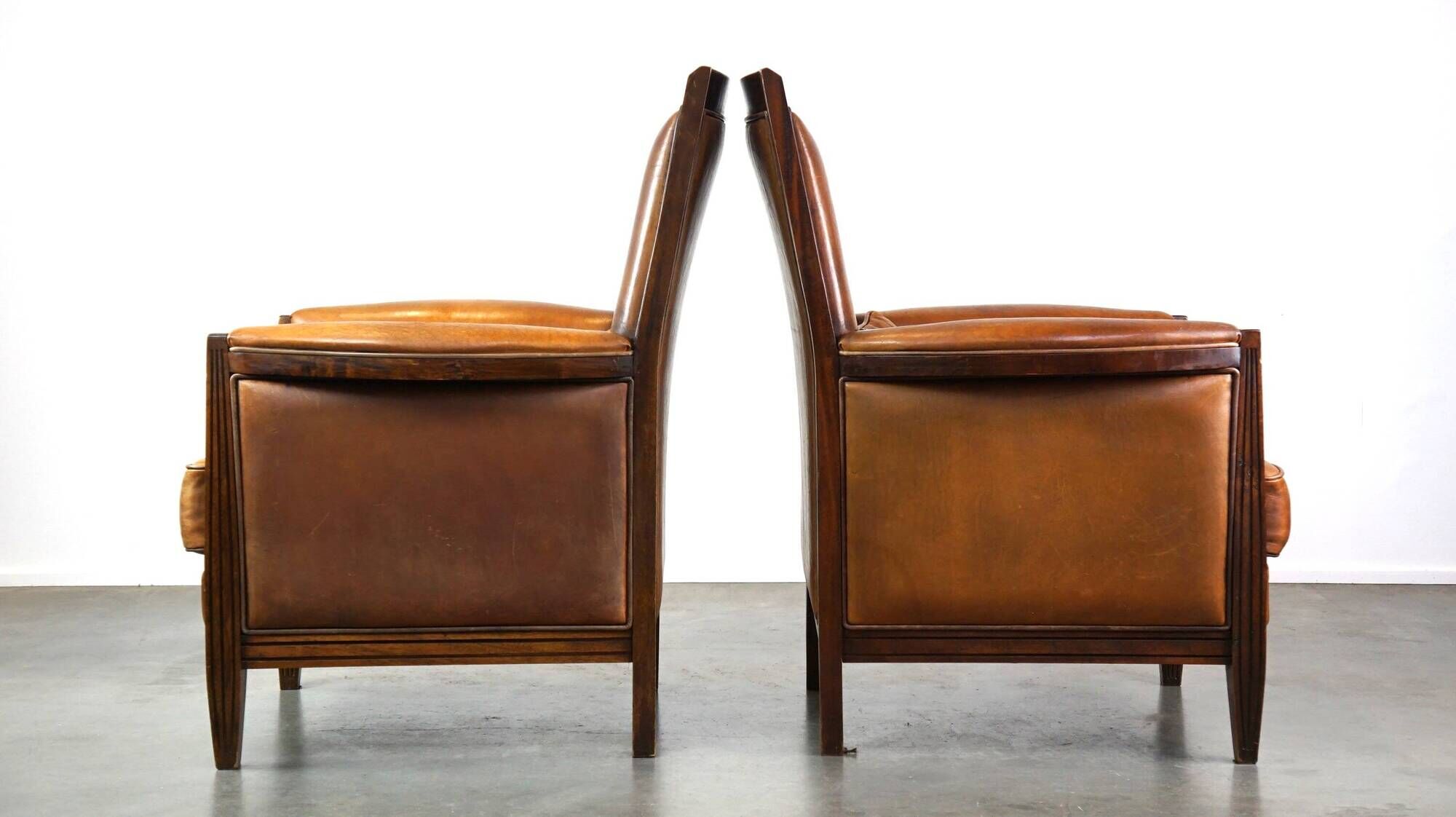 Vintage Art Deco Sheepskin High Back Armchair Set with Wood Finish