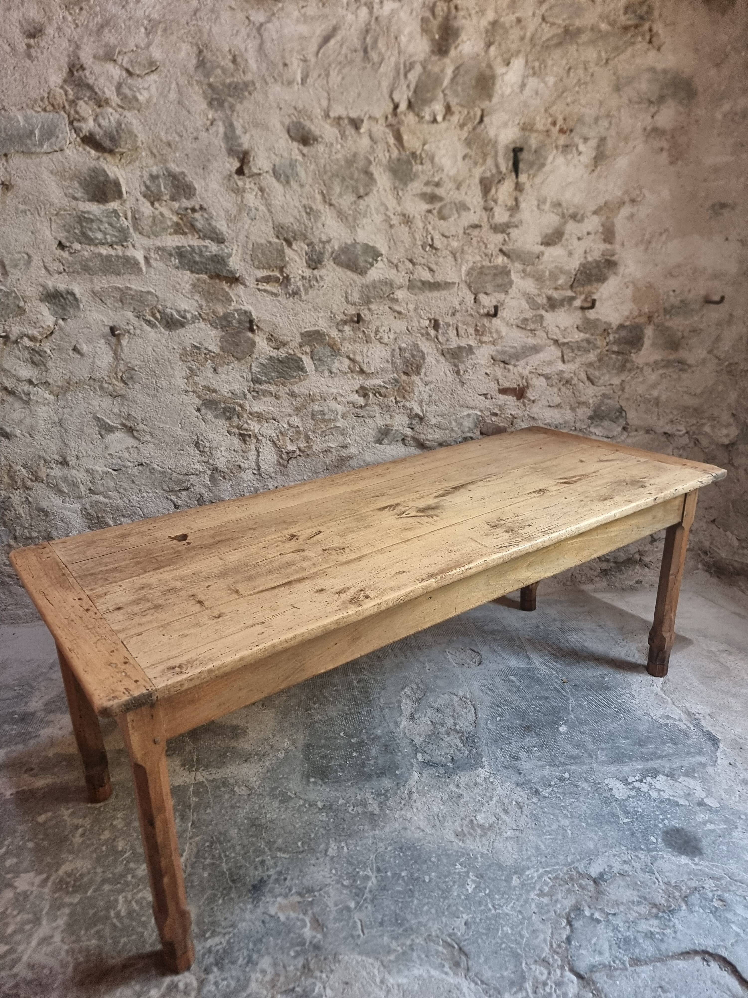 Old farmhouse dining table, rustic kitchen, poplar top, chestnut base, two drawers, 1800–1850.