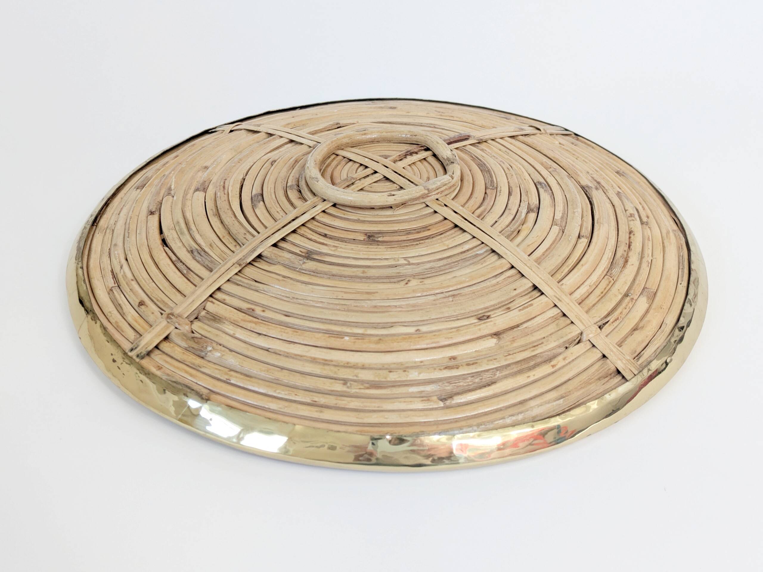 Round rattan and brass bowl, Italy 1970s, Gabriella Crespi style