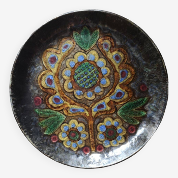 Centerpiece / plate in colored enameled terracotta with floral motifs - Marjatta Taburet - 1956