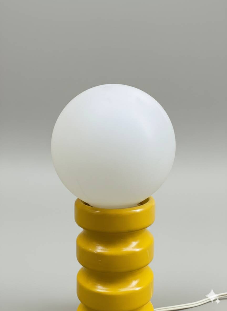 Vintage yellow glazed ceramic lamp with opaline globe – 1970s