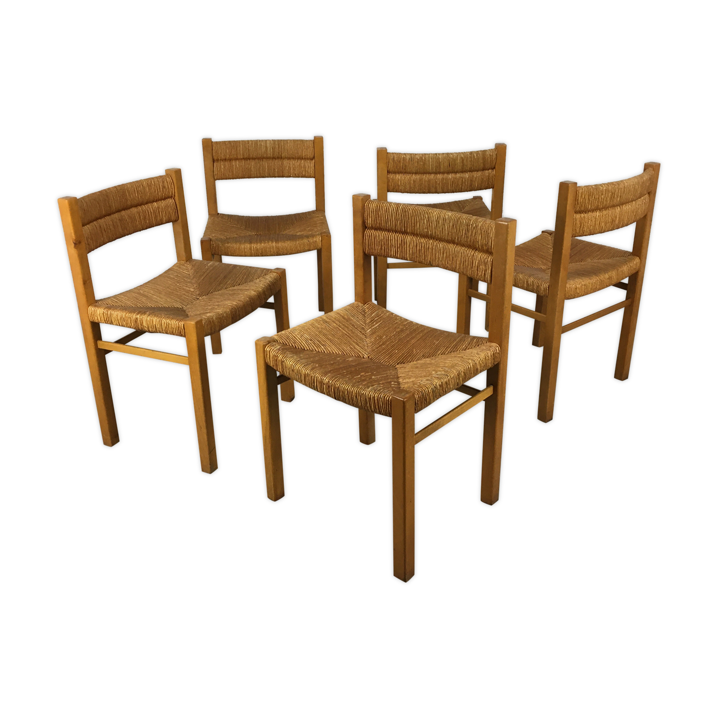 Set of 5 chairs in wood and straw, 60s