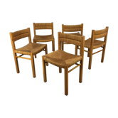 Set of 5 chairs in wood and straw, 60s