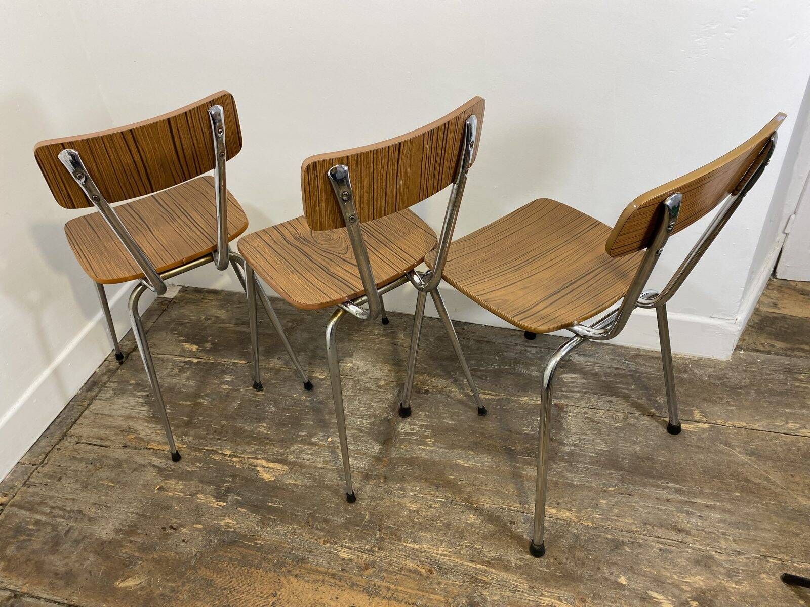 Set of 3 vintage French kitchen chairs, formica & chrome, 1960s-70s