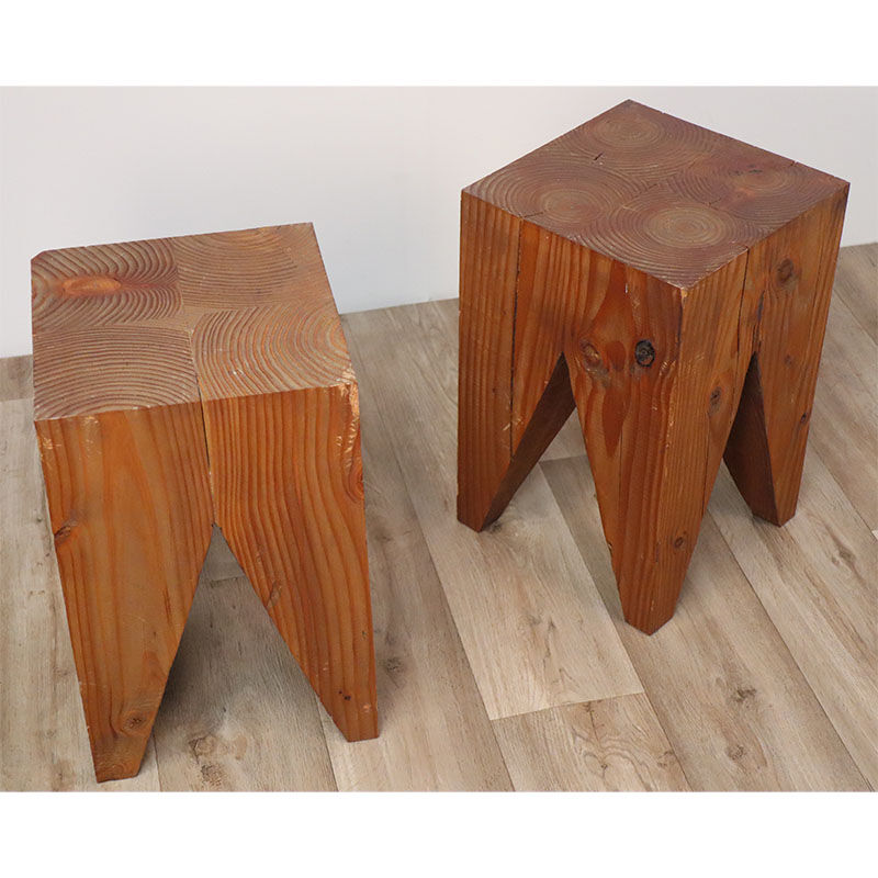 Pair of brutalist stools in solid fir