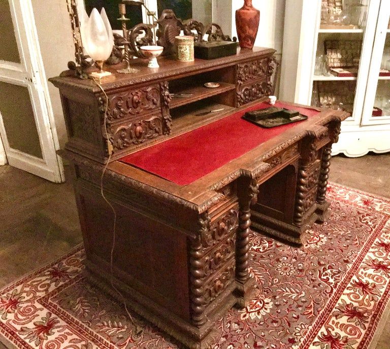 Hand-carved wooden desk in neo-renaissance style Henri II around 1870