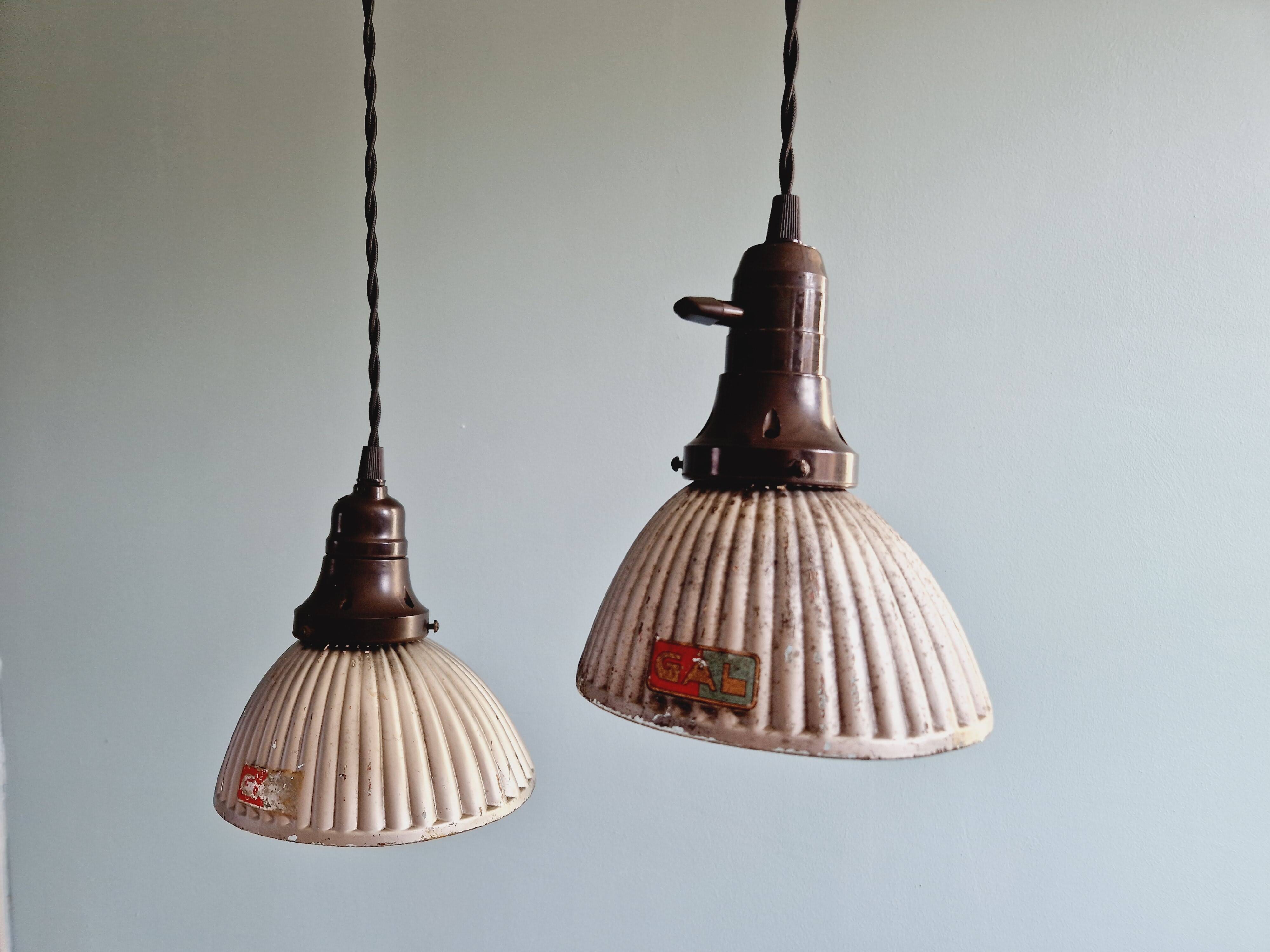 Set of 3 industrial mercury glass pendant lights, GAL (France), 1930s
