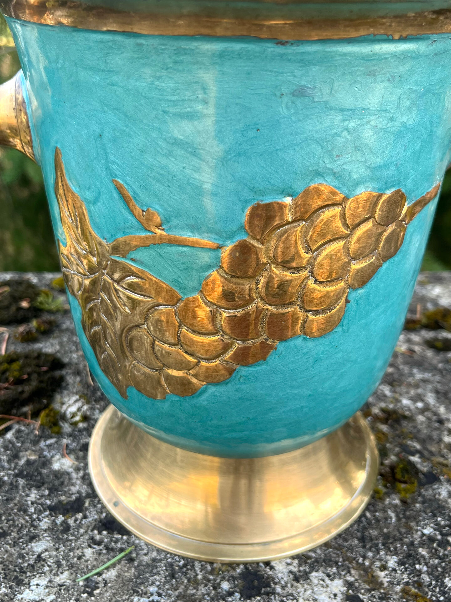 Vintage cloisonne brass champagne bucket with turquoise grape design