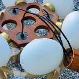Scandinavian teak and white opaline chandelier with 6 lights from the 70s
