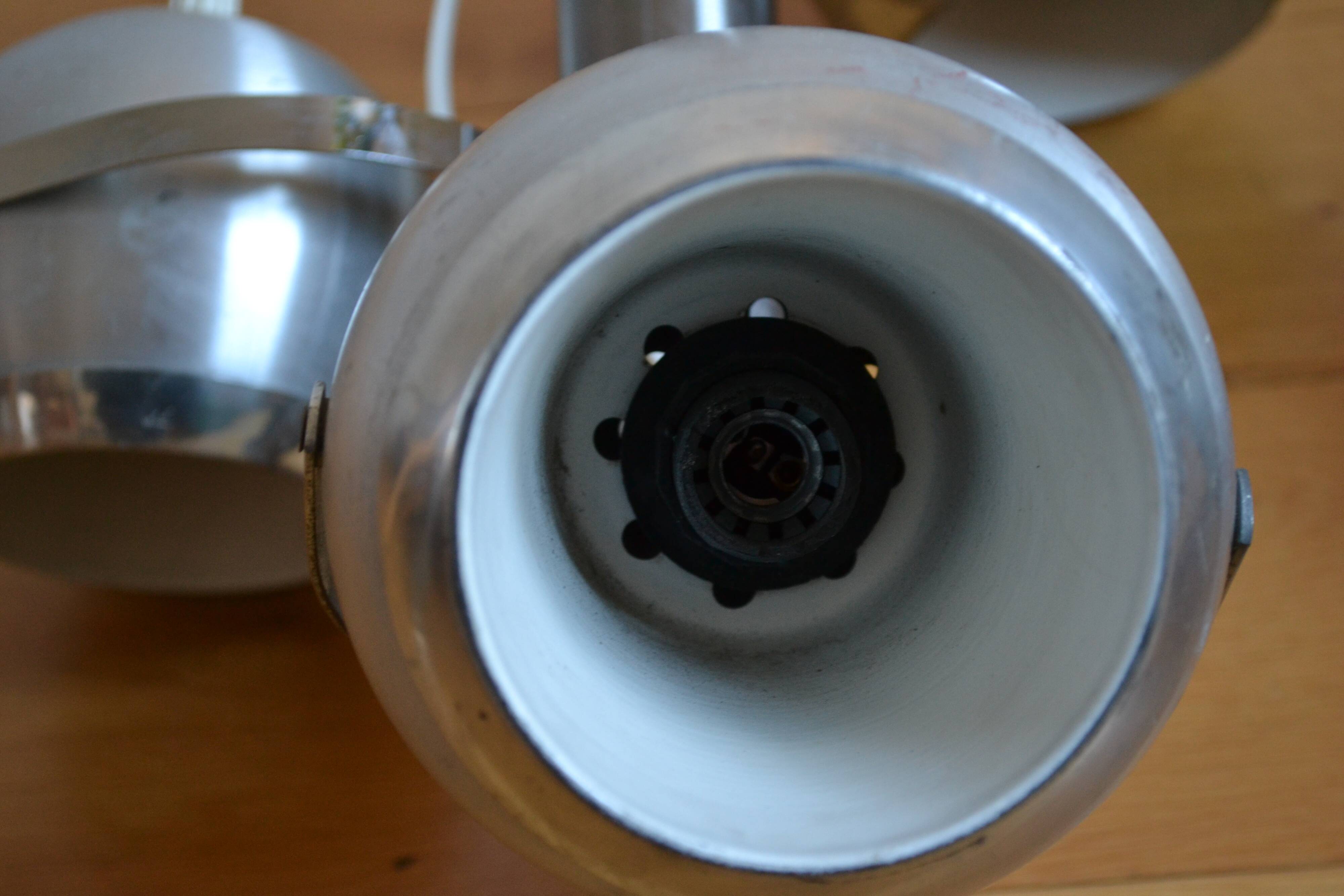 Pair of 70s space age eye ball chandeliers in brushed aluminum