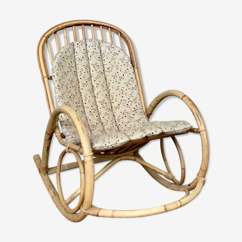 Rocking chair en rotin bambou et osier vintage 1950
