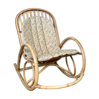 Rocking chair en rotin bambou et osier vintage 1950