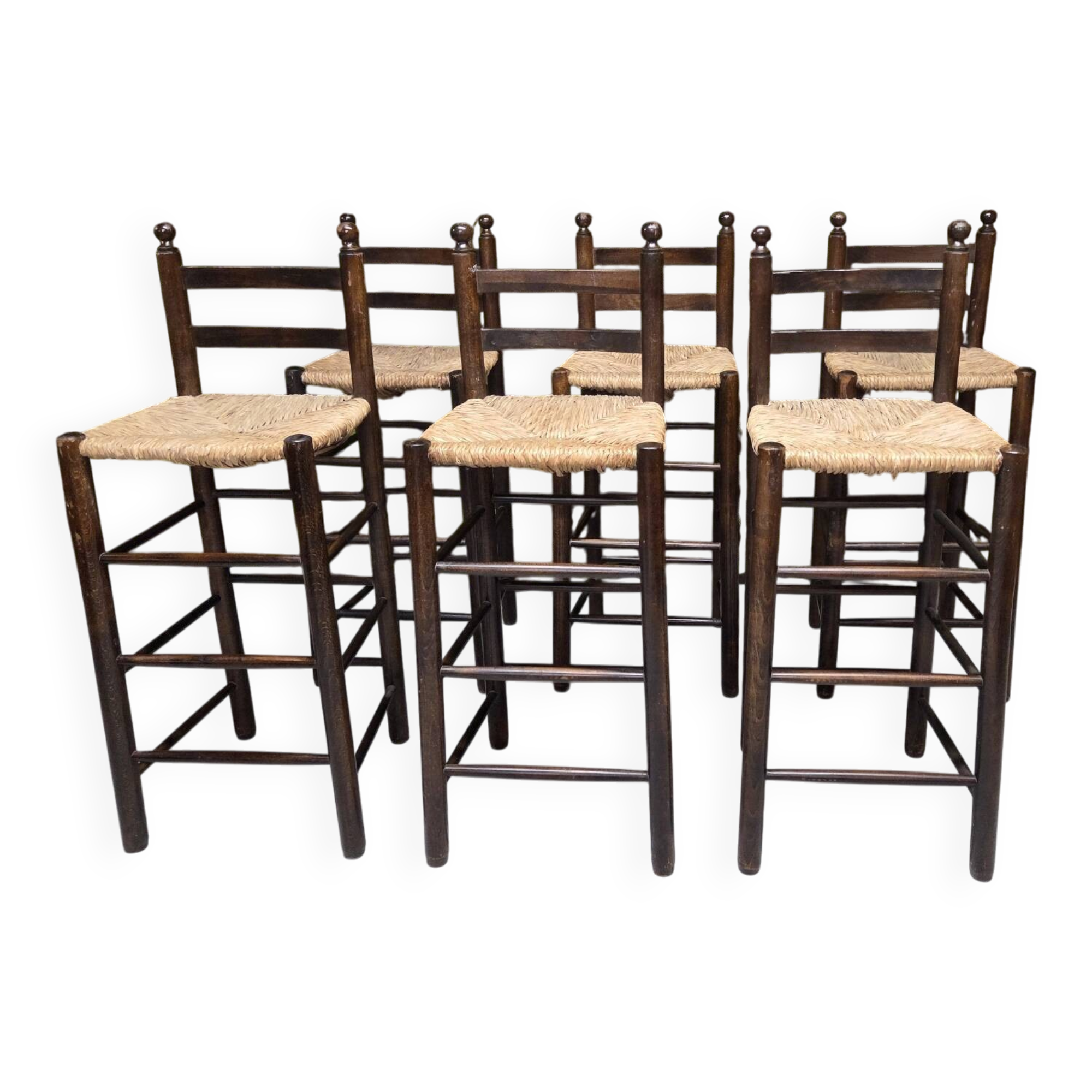 Lot of 6 stools with woven straw seats, chalet style 1970.