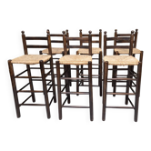 Lot of 6 stools with woven straw seats, chalet style 1970.