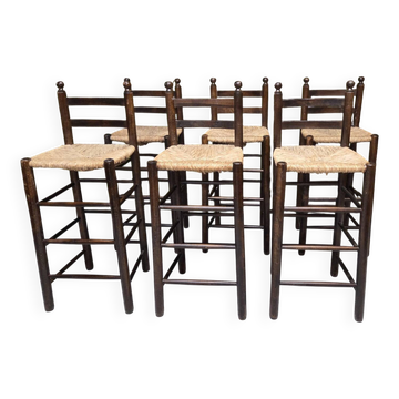 Lot of 6 stools with woven straw seats, chalet style 1970.
