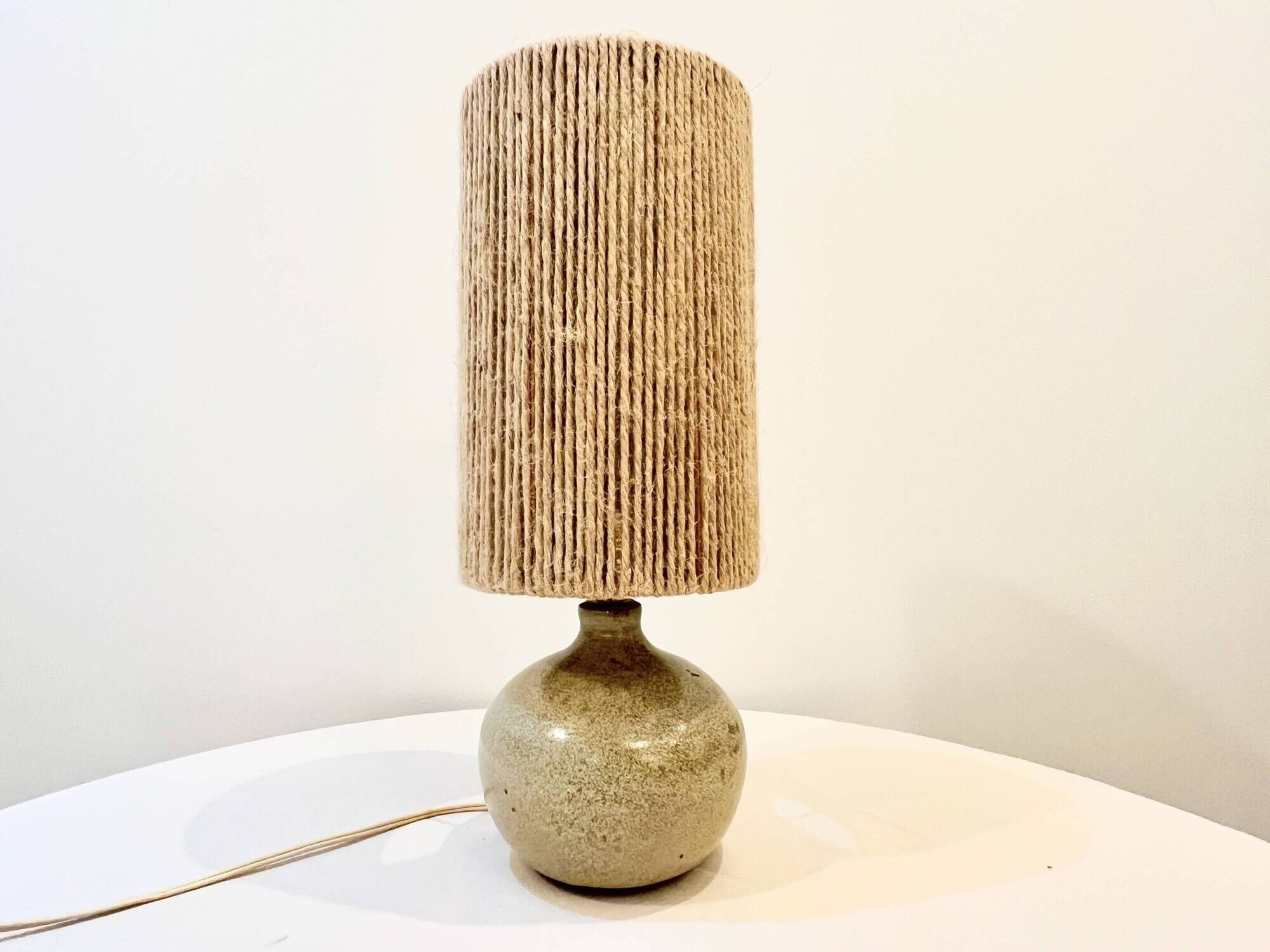 Signed ball lamp in vintage beige stoneware 1970 raffia rope lampshade 70s bohemian chic