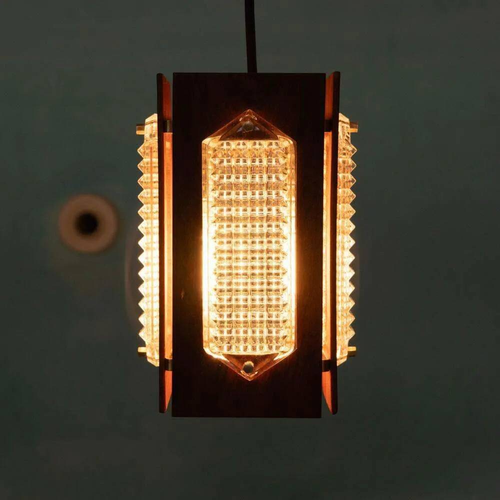 Vintage wooden and glass suspension Flygsfors Facette, glass lamp.