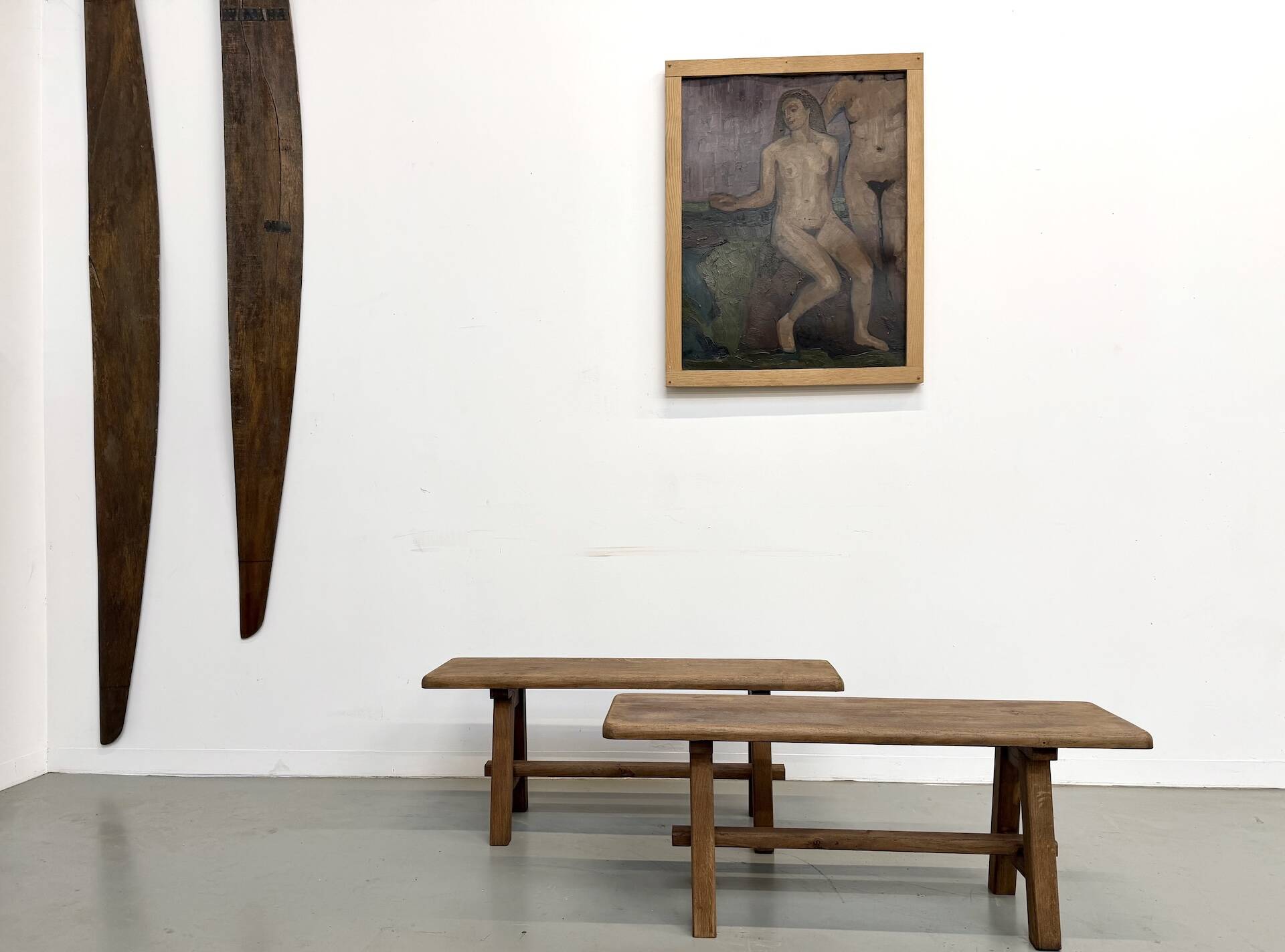 Pair of small solid oak benches - 1950s