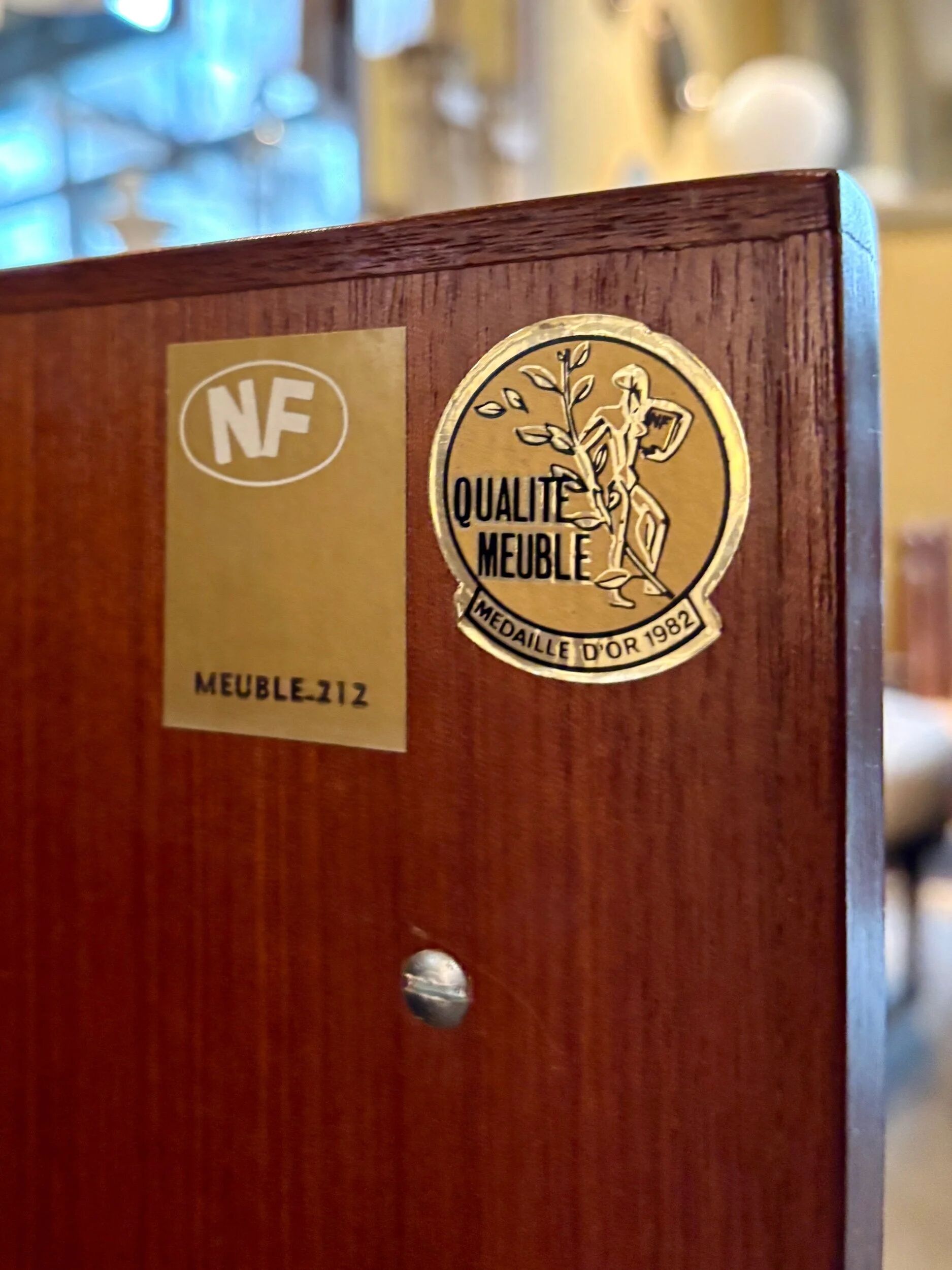 Chest of drawers, buffet with 3 drawers, 1 door in dark wood, France 1982