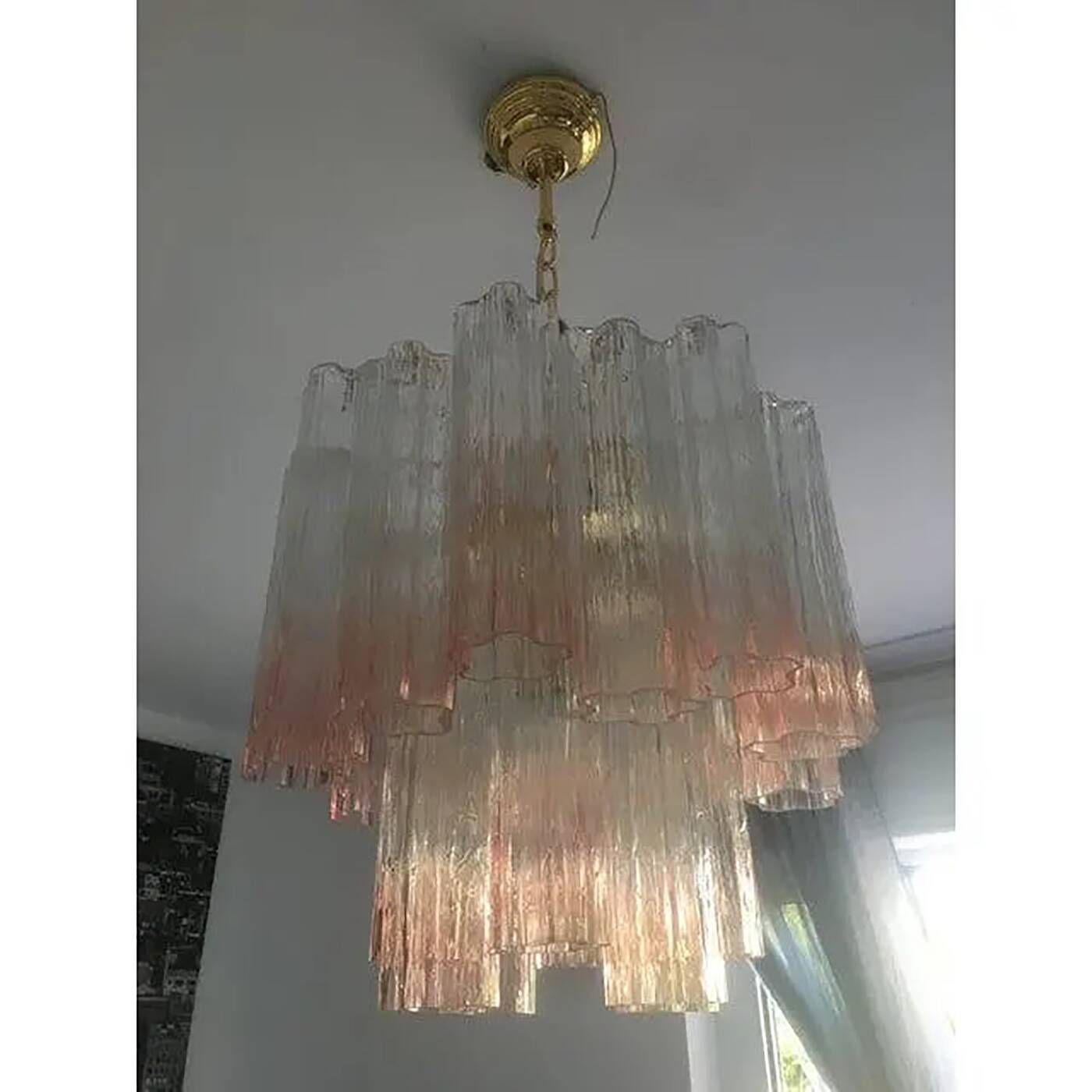Pair of Murano Style Glass Vanished Pink Tronchi Venini Style Chandeliers